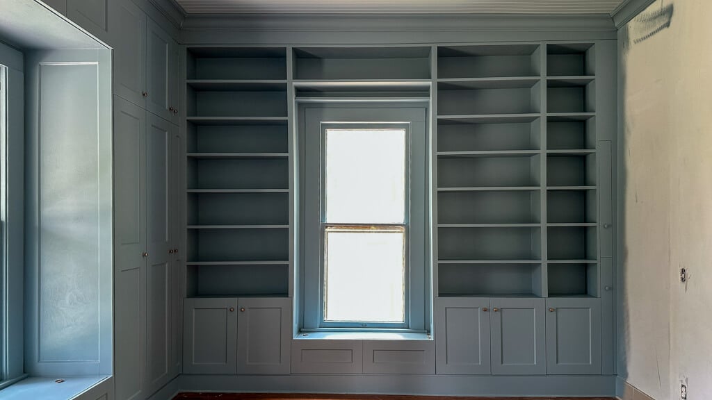 Finished built-ins bookcase wall